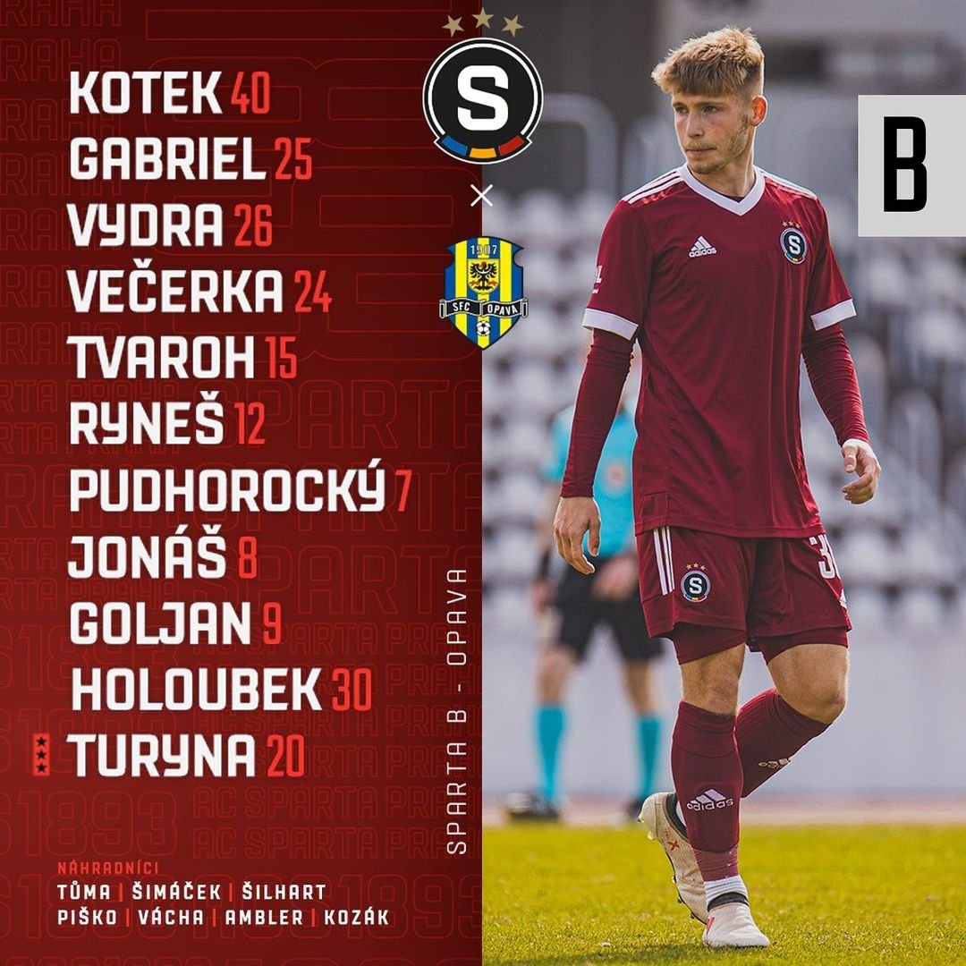 ?️ SESTAVA | Trenér Horňák posílá na Opavu tuto sestavu:

? Kotek - Gabriel, Vydra, Večerka, Tvaroh - Ryneš, Pudhorocký, Jonáš, Goljan - Holoubek, Turyna(C).

? Zápas vysílá ČT sport!
#acspartaB